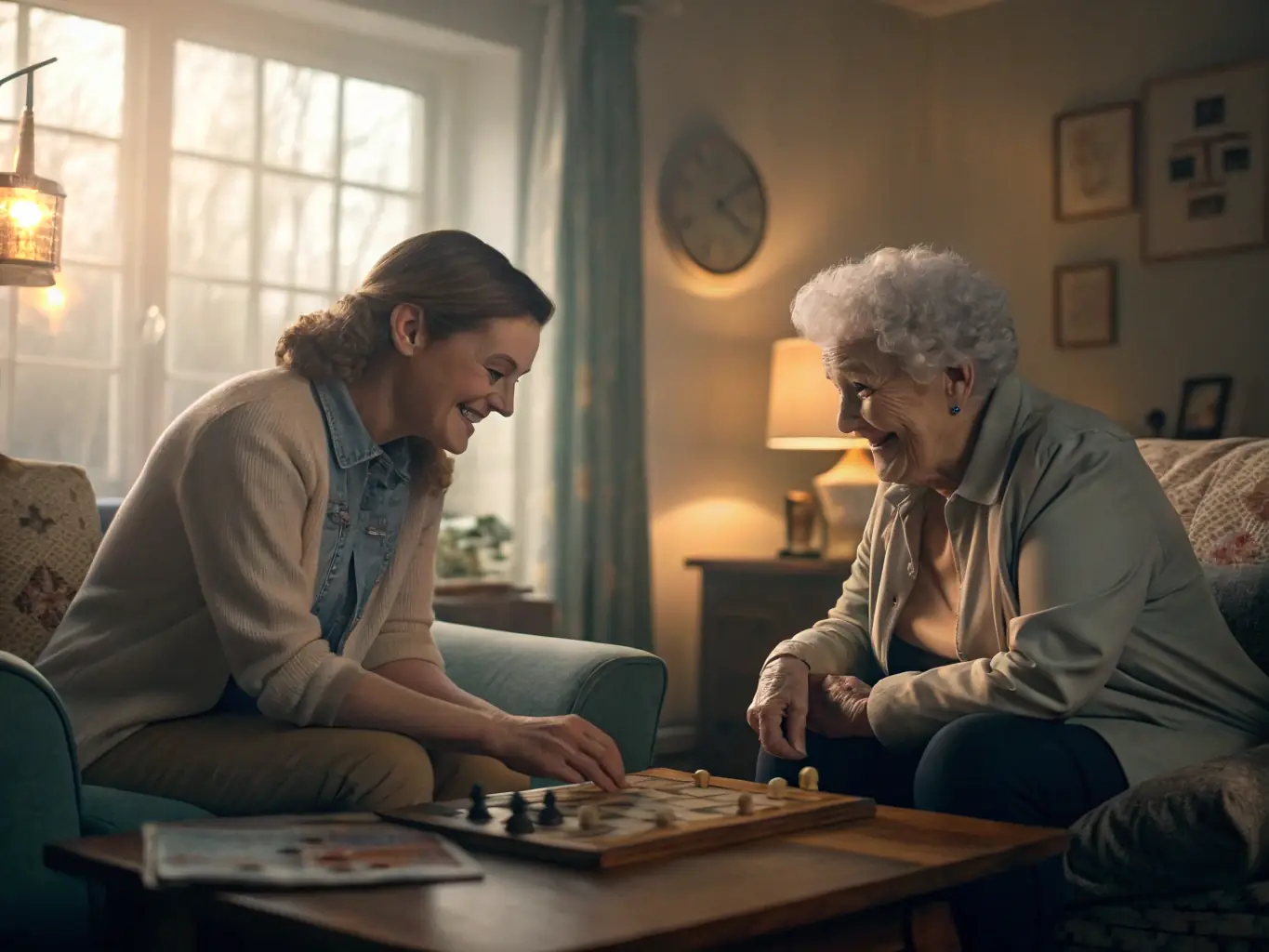 A caregiver engaging in a friendly conversation and playing a board game with a senior, in a cozy and inviting atmosphere.