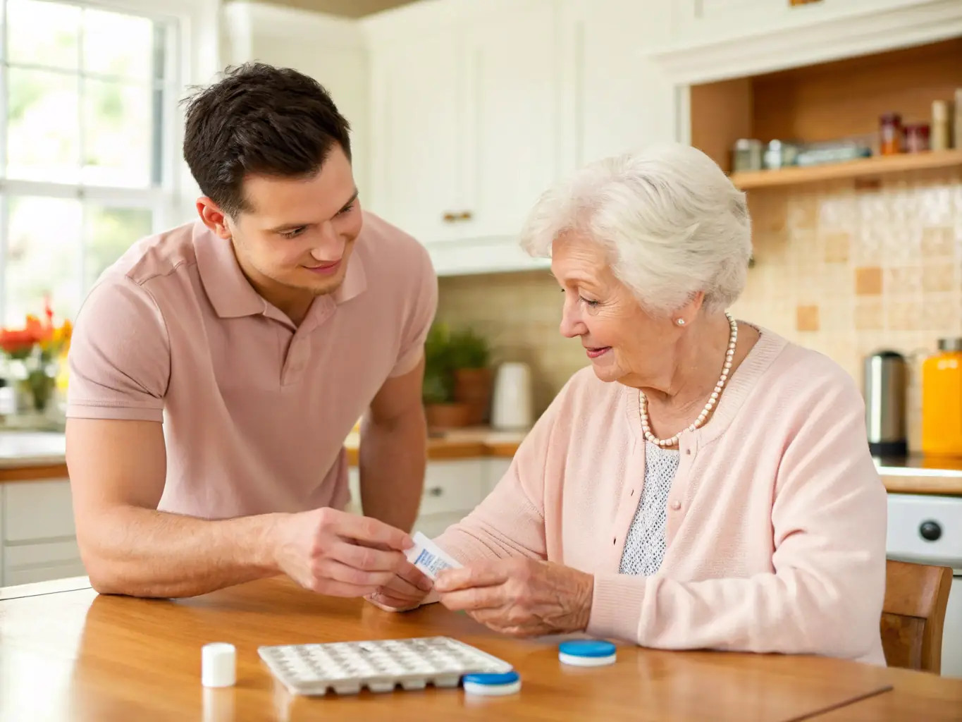 A nurse assisting a senior man with medication management, highlighting health management services.