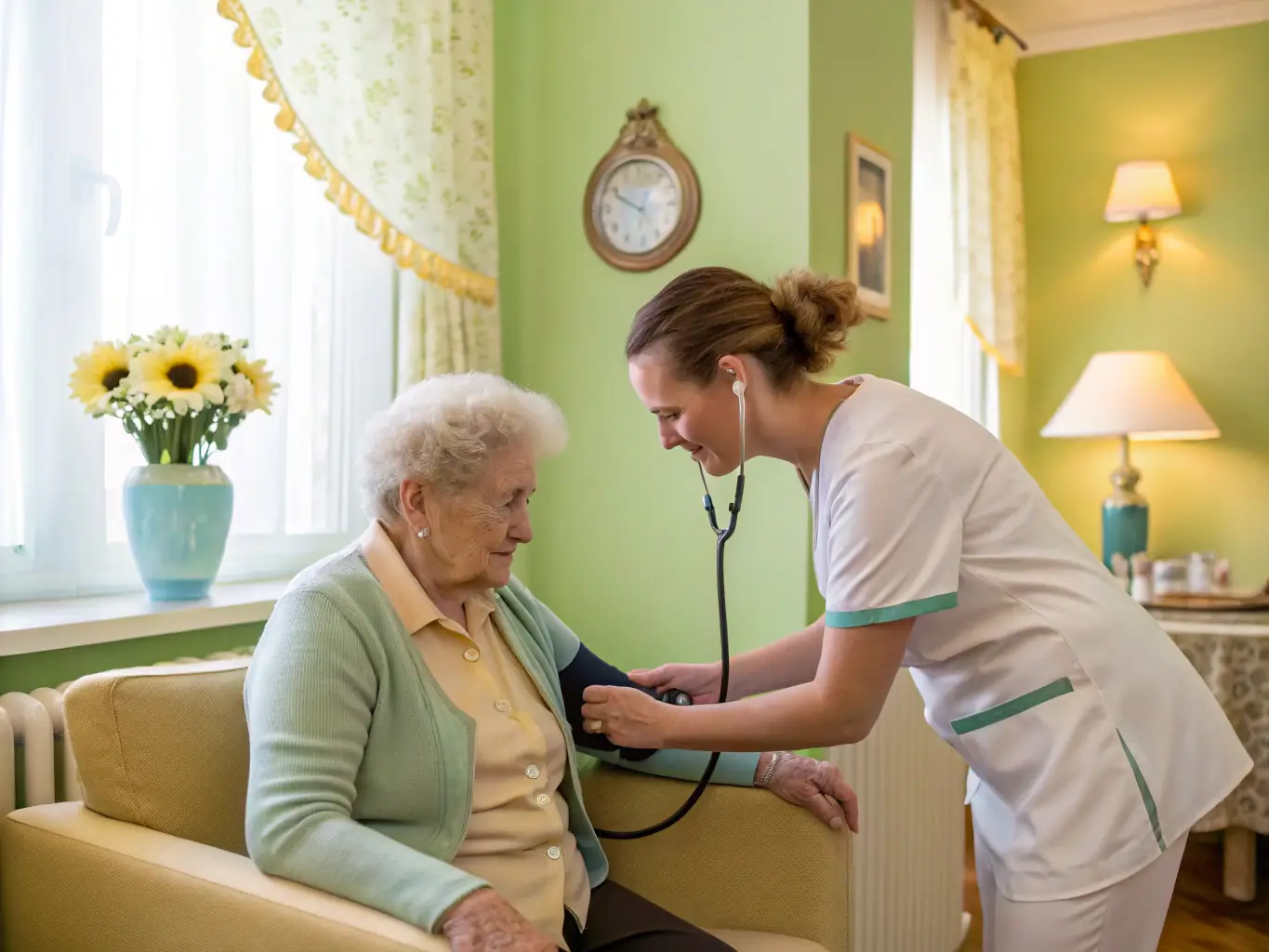 A caregiver checking a senior's blood pressure and recording the reading, in a calm and professional setting.