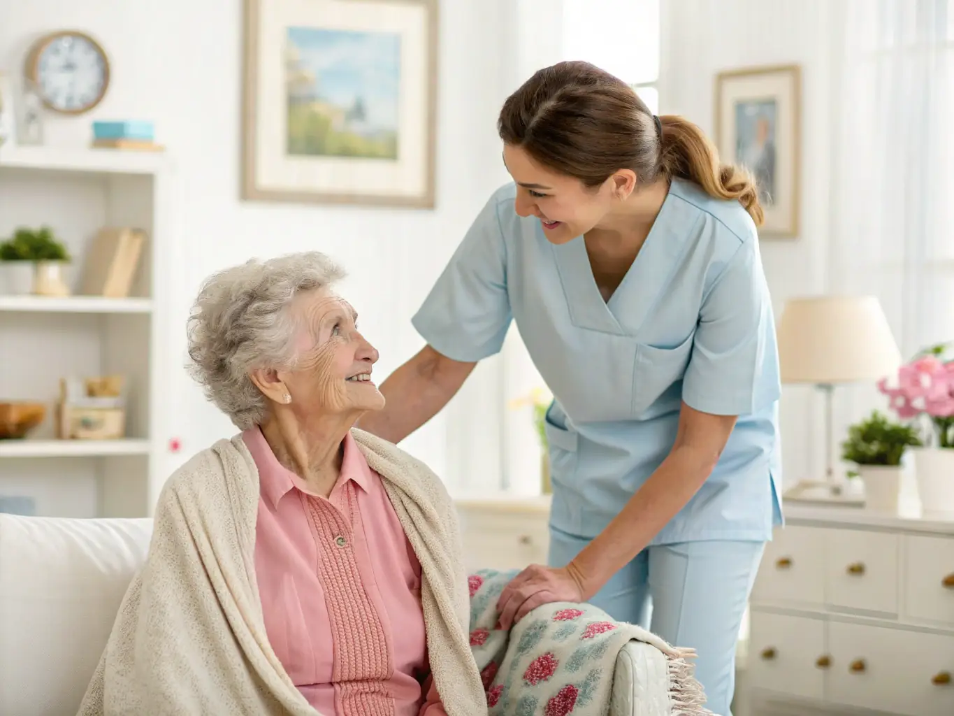 A caregiver assisting an elderly person with daily activities such as dressing and grooming, set in a bright and cheerful home environment.